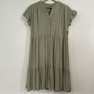 Mikarose Sage Green Tiered Midi Dress Medium Rayon Short Sleeve Button Front NWT